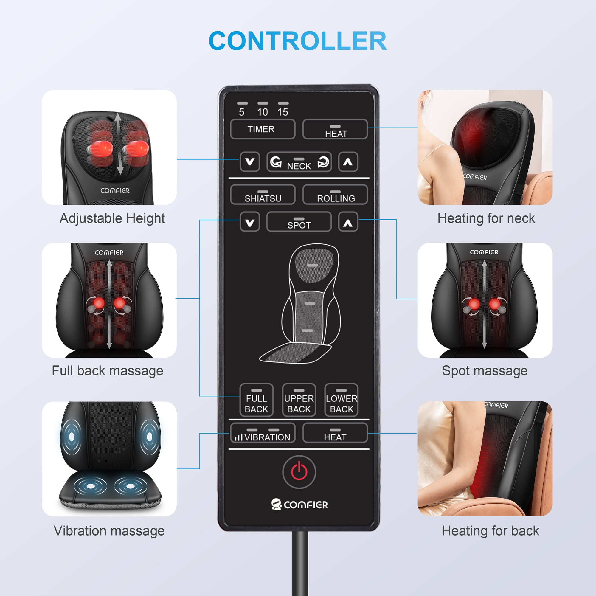 Comfier Adjustable Air Compress & Shiatsu Neck & Back Massager – 2D/3D  Kneading Full Back Massager with Heat