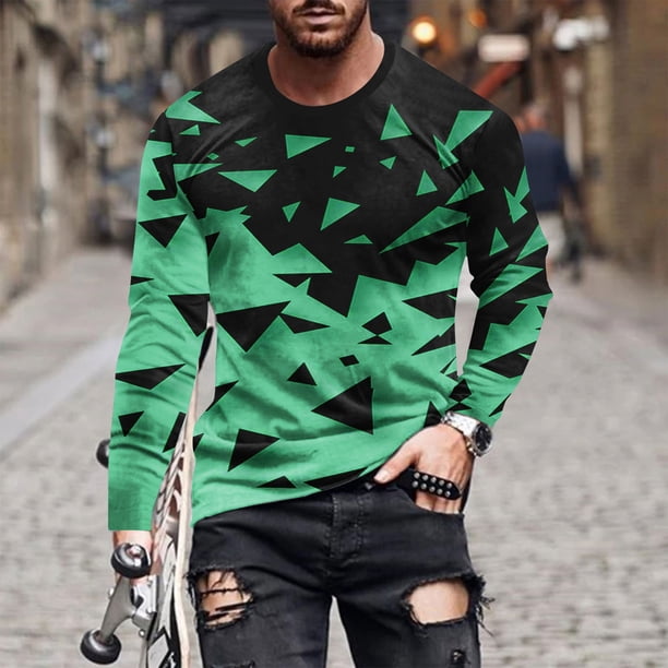 Blusas y camisas de manga larga con cuello redondo para hombre, blusa informal de manga larga con cuello redondo y estampado de rayas, blusa de poliéster para hombre