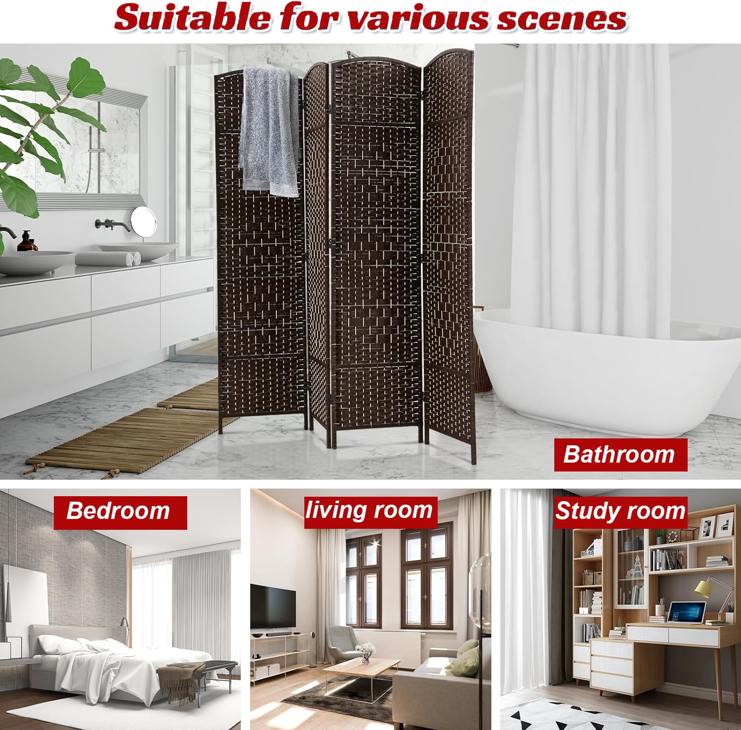 4-Panel Rattan Room Divider, Freestanding Folding Privacy Screen for Indoor Use,  Brown