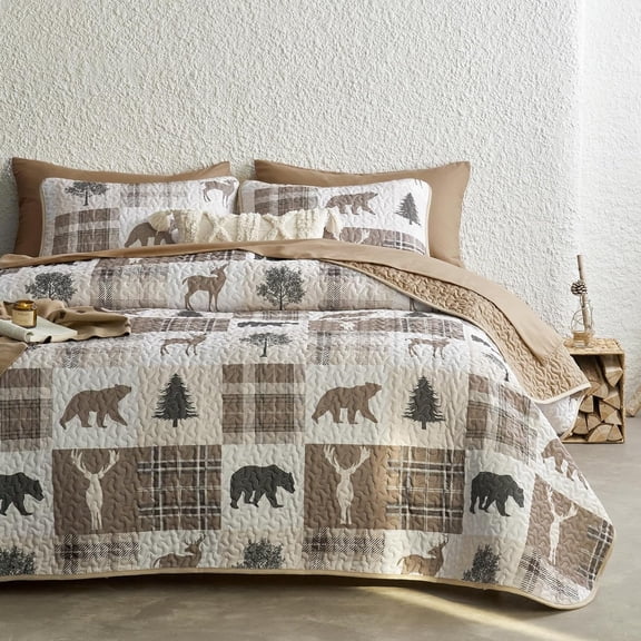 King Size Rustic Lodge Themed Reversible Quilt Bedding Set, Tan Brown, 3 Pieces