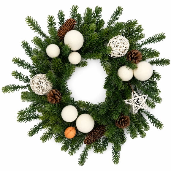20 Inch Pre‑Lit Christmas Wreath for Front Door, Artificial PE Wreath with 20 LED Lights 8 Modes Timer, White Ball Ornaments Pinecones Rattan Star Balls, Battery Operated Indoor Xmas Holiday Decor