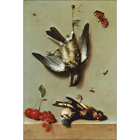 24"x36" Gallery Poster, Jean-Baptiste Oudry - Nature morte avec oiseux morts et cerises 1712