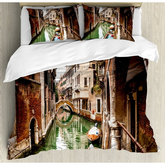 Venice Duvet Cover Set, Famous Water Canals in Italy Boats Bridge Brickwork Architecture Old City, Decorative 3 Piece Bedding Set with 2 Pillow Shams, Queen Size, Cinnamon Jade Green, by Ambesonne
