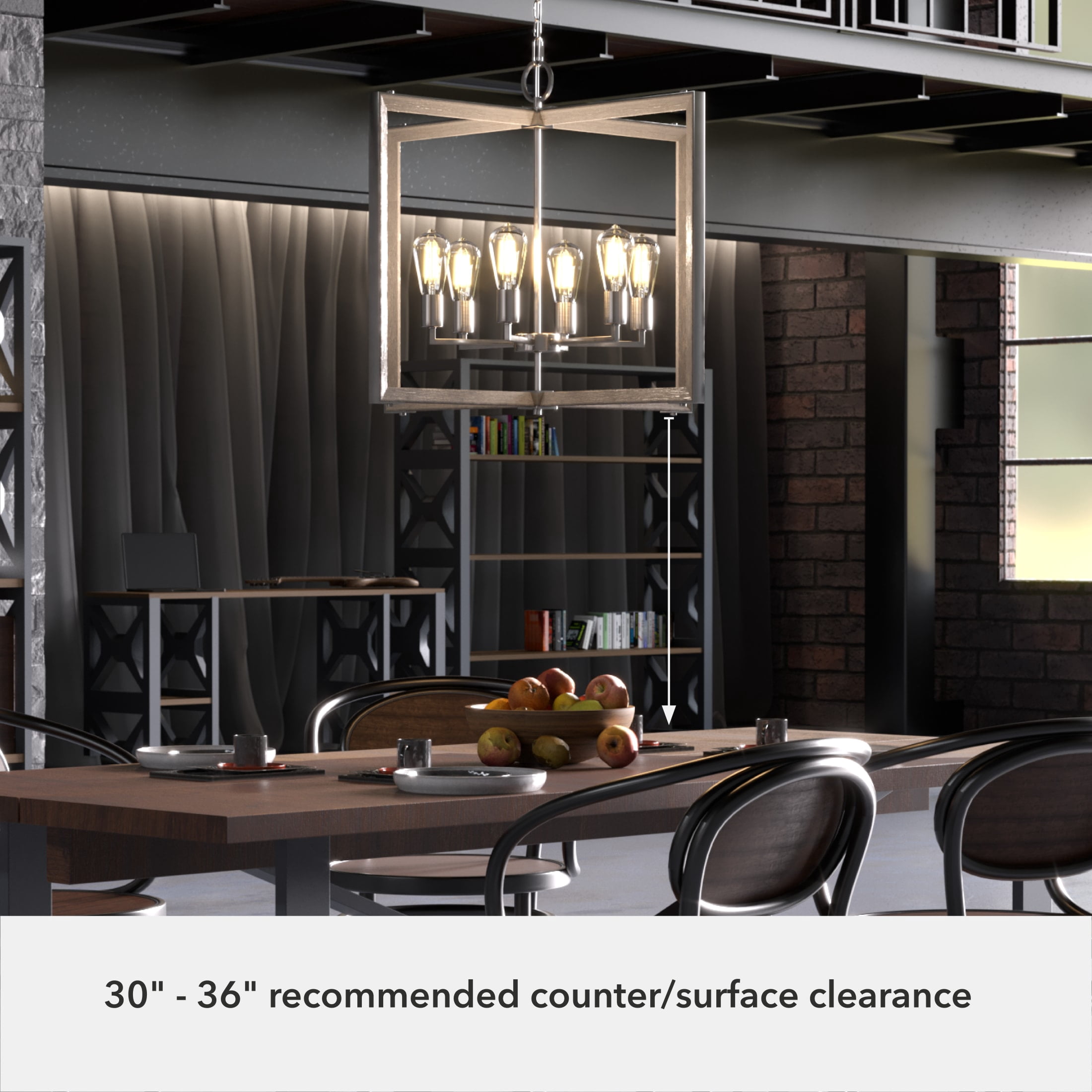 Hunter - Woodburn 6-light Brushed Nickel, Extra Large Pendant Light, Dimmable, Modern Style, Rectangle Shaped, for Bedrooms, Dining, Living Rooms - 19809