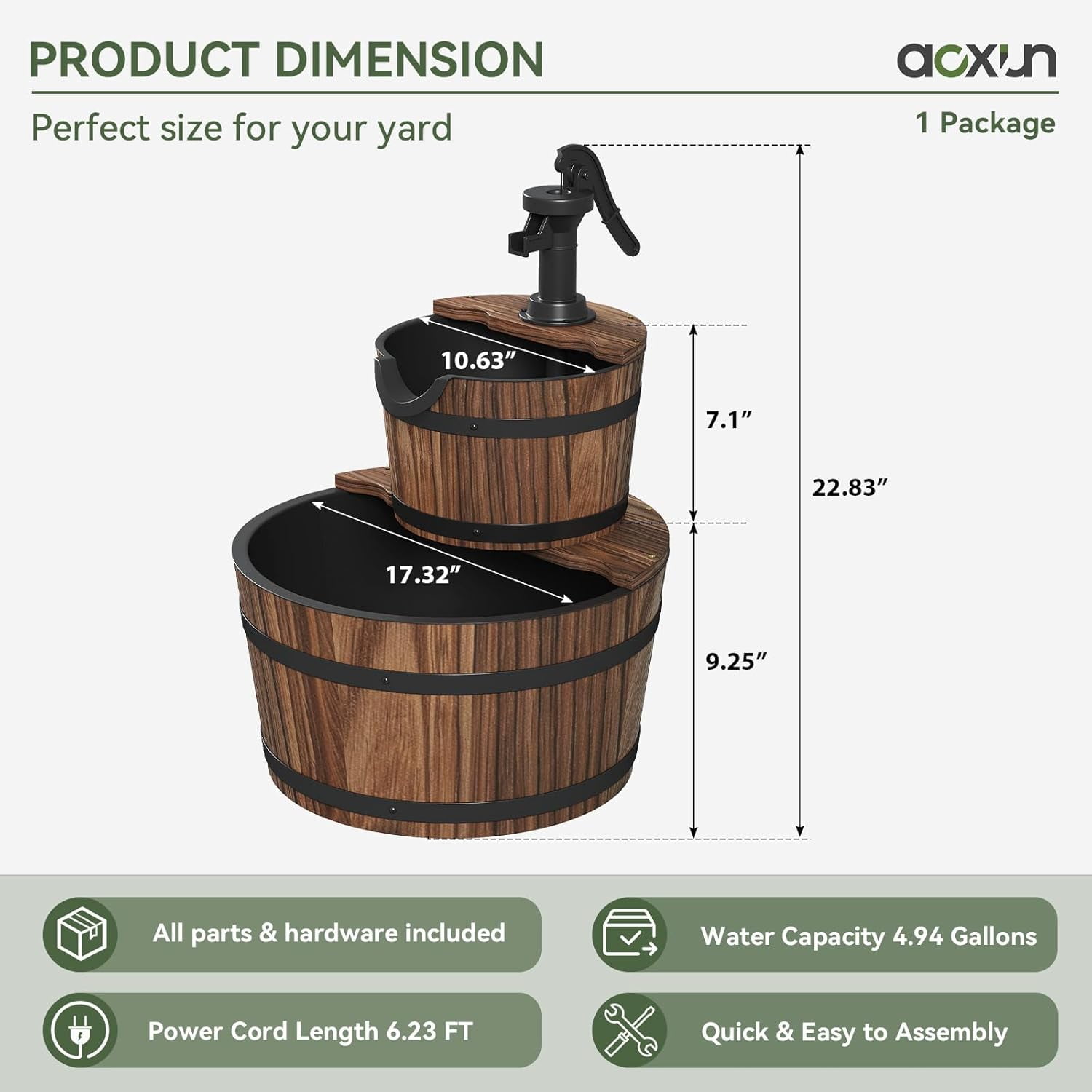 ZJTER 2-Tier Outdoor Water Fountain, Wood Barrel Cascading with Electric Decorative Hand Pump, Rustic Waterfall Fountain for Garden, Backyard, Patio, Porch, Yard