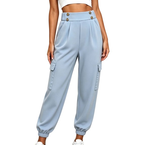 Levmjia Women's High Waisted Cargo Pants, Solid Color Utility Joggers with Button Detail, Loose Fit Elastic Cuff Ankle Pants for Casual Workout