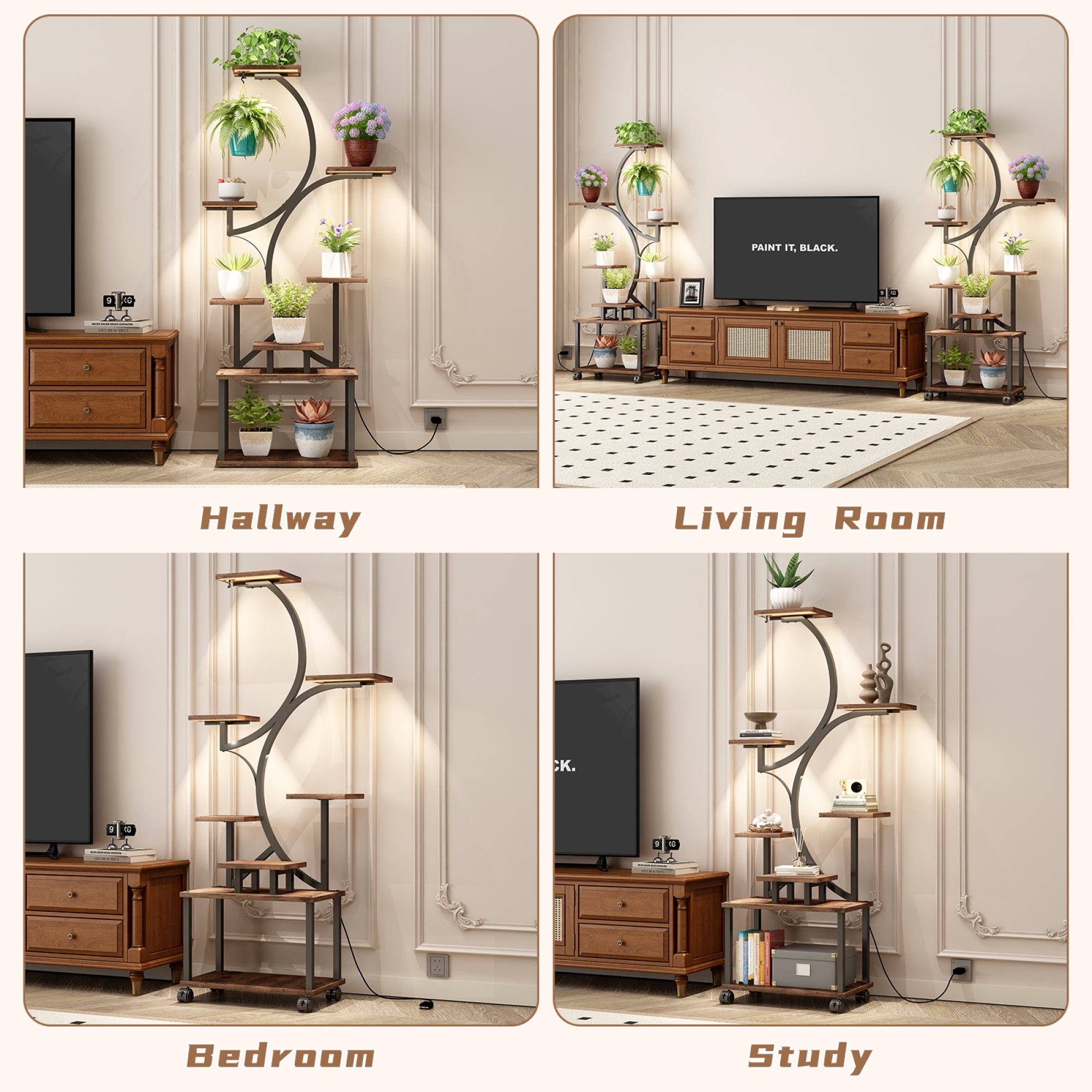 Leumius Plant Stand with Grow Lights, 62" Tall Plant Shelf, Lighted Corner Plant Stands for Indoor Growing, 8 Tiered Large Flower Holder, S-Shaped Decorative Rack for Living Room Home Patio Brown