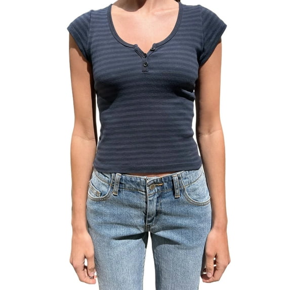 Coduop Women's Casual Basic Short Sleeve Striped Print Slim Fit Blouse Summer T-shirt Crop Tops