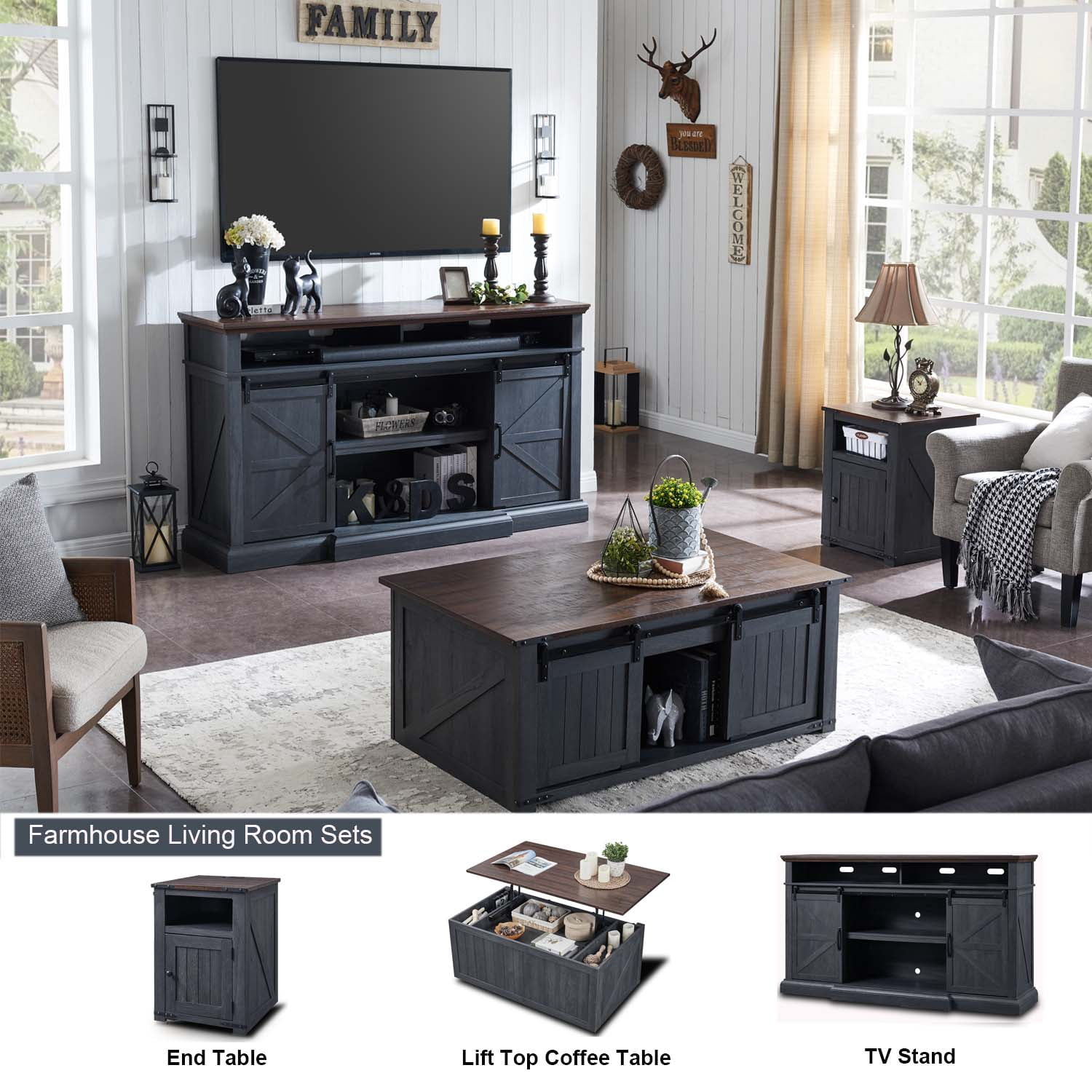 SinCiDo TV Stand for 75 inches TV, Farmhouse TV stand with 37" Tall Entertainment Center for Living Room