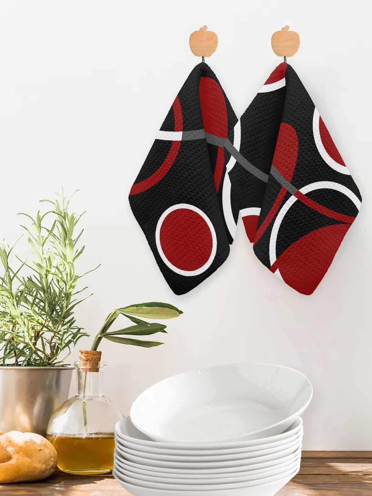 Black Red Dish Towels Set, Waffle Weave Kitchen Towels 3 Pieces, White Circle Geometric Abstract Texture Microfiber Hair Face Bath Tea Towel Absorbent Quick Drying Cleaning Dish Cloths, 12"x12"