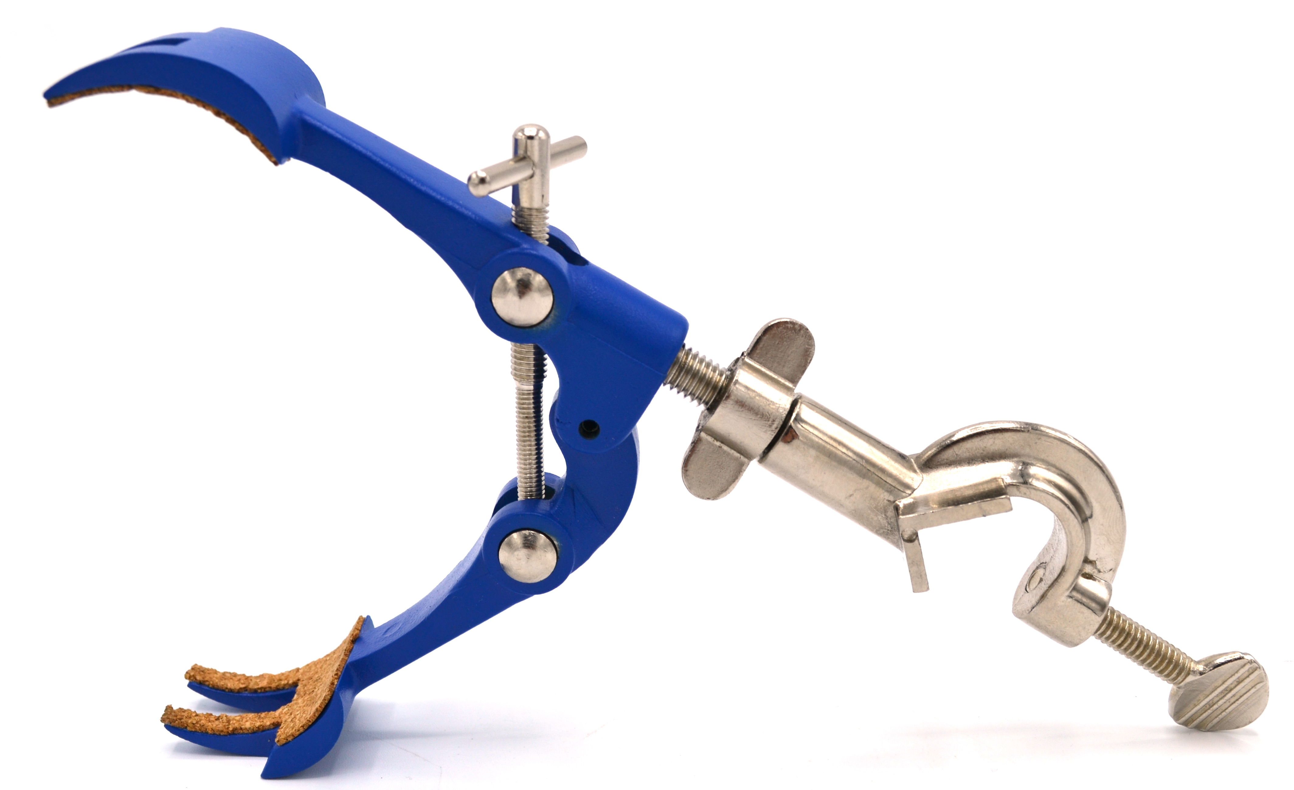 4 Prong, Cork Lined Clamp on Swivel Bosshead - 4.1" Max Clamp Opening, Bosshead fits up to 18mm Rods - Zinc Alloy Clamp - Research, Industrial Laboratory Grade -  Eisco Labs