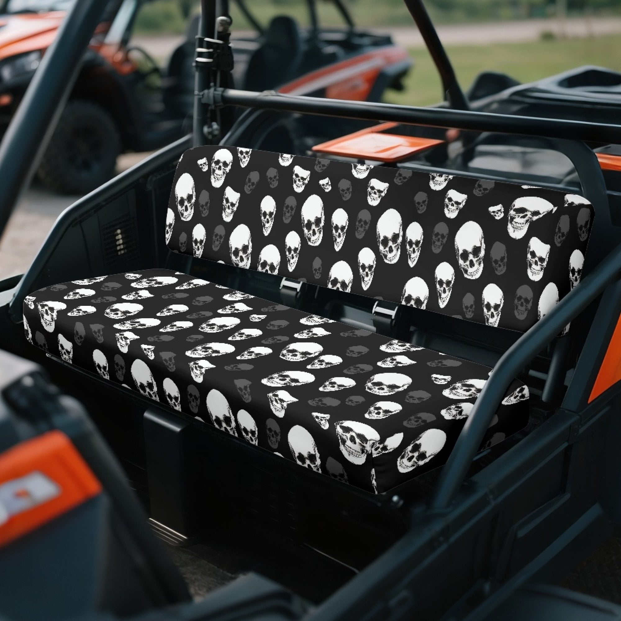 ZIATUBLES 2-Pack Waterproof UTV Seat Covers with Black Skull Print, Replacement Bench Seat Protectors Compatible with Kawasaki Mule 3000 3010, Wear-Resistant Polyester UTV Seat Decor Covers
