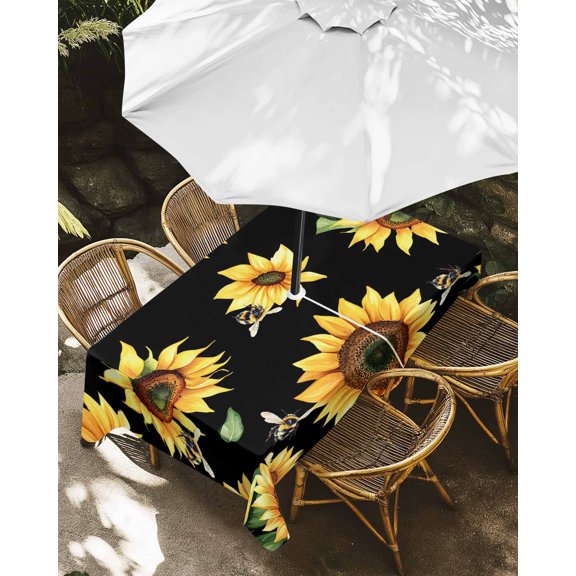 Outdoor Tablecloth with Umbrella Hole, Summer Sunflower on Black Zippered Table Cloth for Rectangle Tables, Farm Watercolor Flower Washable Waterproof Tablecloths for Picnic Patio Garden