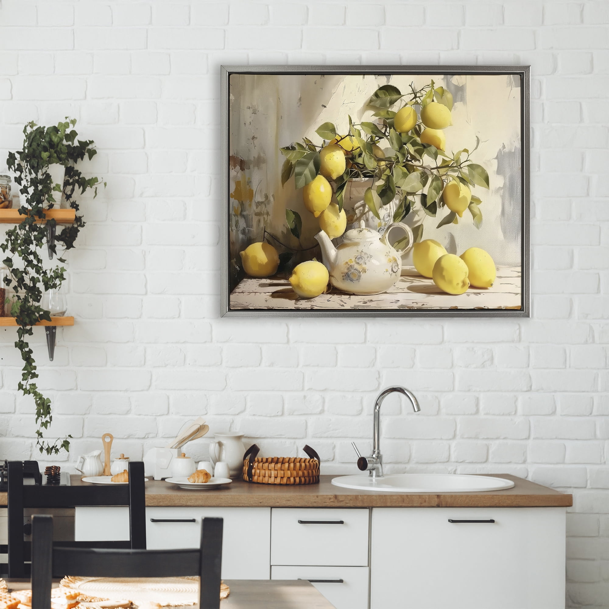 Stupell Industries Lemon Still Life with Teapot Gray Framed Floater Canvas Wall Art, design by LSR Design Studio