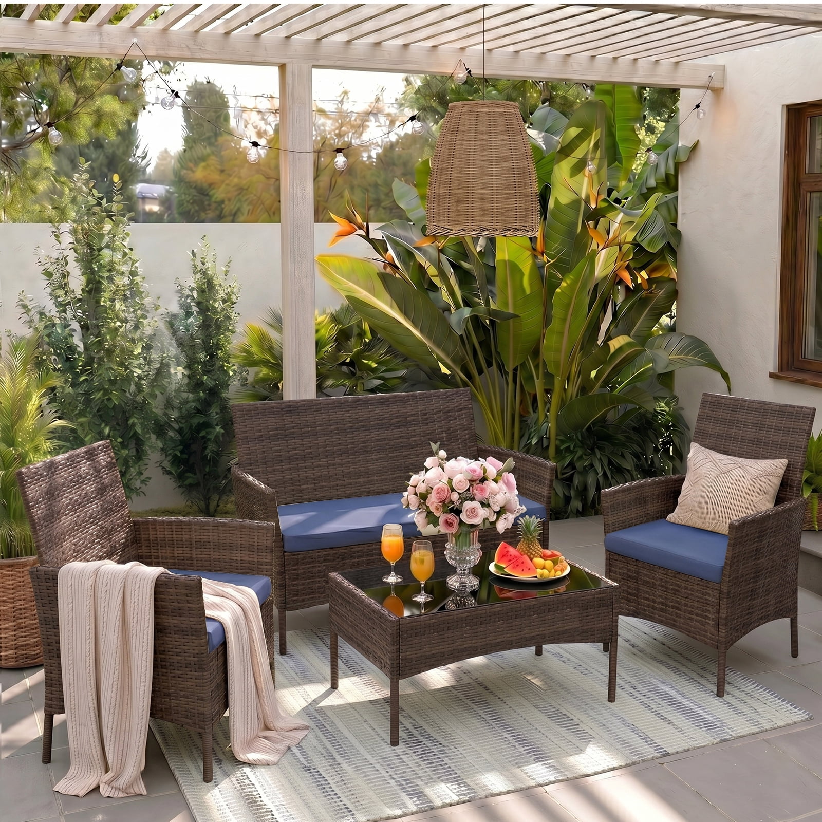 Gasee 4-Piece Patio Furniture Set Outdoor Conversation Rattan Chairs with Cushion and Loveseat Glass Table for Garden Backyard Porch, Brown/Navy