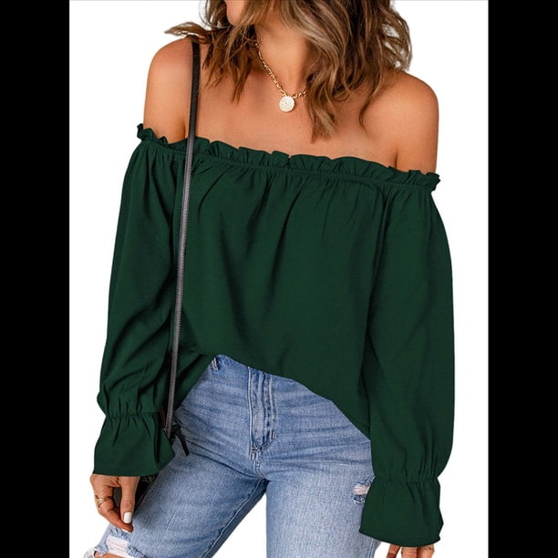 Blusa Informal Holgada de con Hombros Descubiertos y Volantes de Larga para Mujer. Verde M
