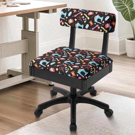 Adjustable Height Sewing Chair with Backrest, Hydraulic Armless Sewing Professional Craft Chair with Wheels and Under Seat Storage for Crafting,Sewing Room Furniture,Sewing Notions Print