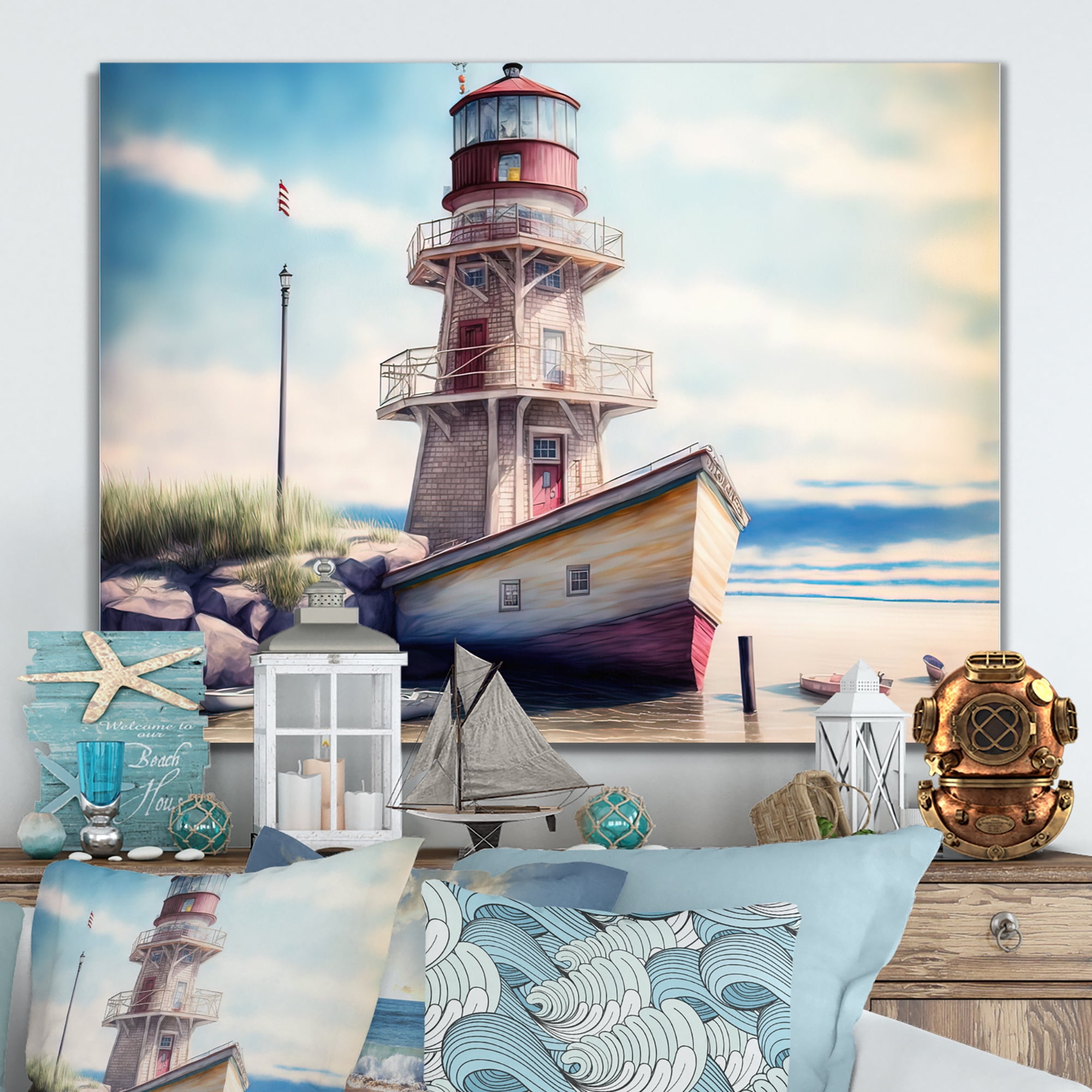 Designart Fishing Boat And Light House IV Canvas Wall Art