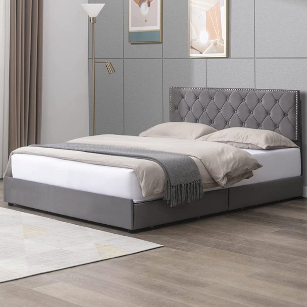 Mixoy Modern King Size Platform Bed Frame with 4 Large Drawers and