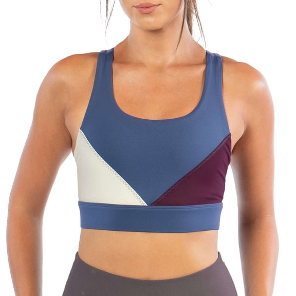 Kadi Women's Racerback Color Block Bra, Deep Cobalt/Butter Cream/Burgundy, Large