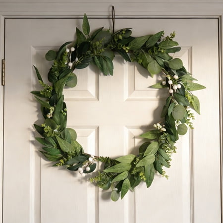ZHMRFG Spring Decor Artificial Olive Branch Wreath With Linen Bow Realistic Green Leaves Weather-Proof All Season Festive Decor for Front Door Porch Wall Window Fireplace Home Indoor Outdoor Decors