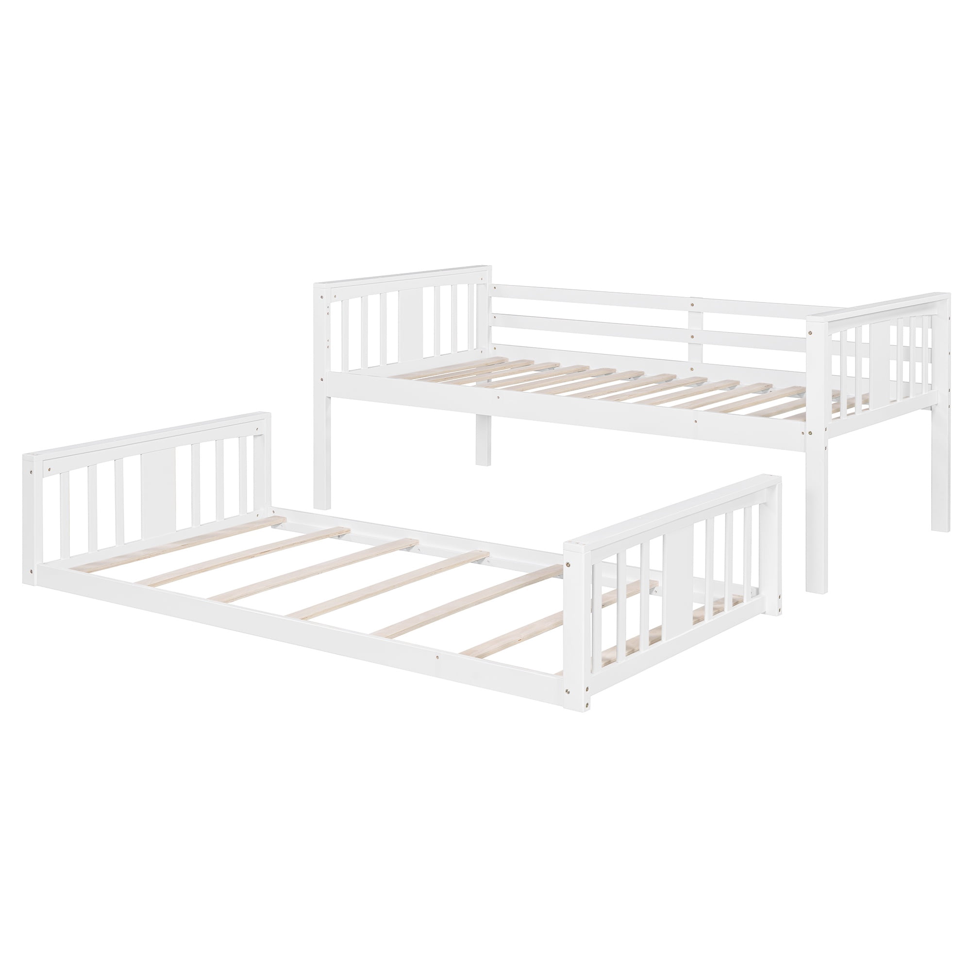 PORKISS Low Bunk Beds for Kids, New Upgraded Twin Over Twin Floor Bunk Bed with Ladder, Modern Bedroom Furniture Wood Bunk Bed for Boys Girls Teens, Easy Assembly, White