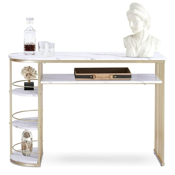 MCombo  White & Gold Console Table with Storage for Living Room, Marble Finish 2256