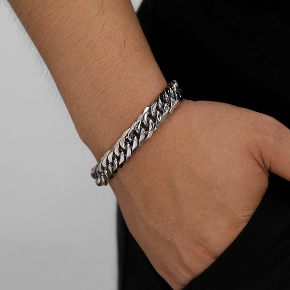 Men's Silver Cuban Link Chain Bracelet, 8.5 inches Titanium Steel Vintage Cubrn Bracelet, Edgy Gift for Men