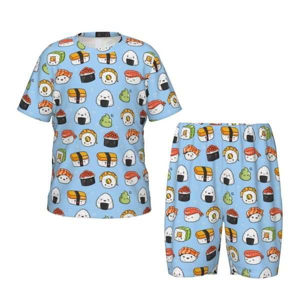 Fotbe Kawaii Sushi (2) Pijama Estampada de 2 Piezas para Niños – Ropa de Dormir de Manga Corta Cómoda para Niños y Niñas, Camiseta y Shorts de Algodón-3X-Large