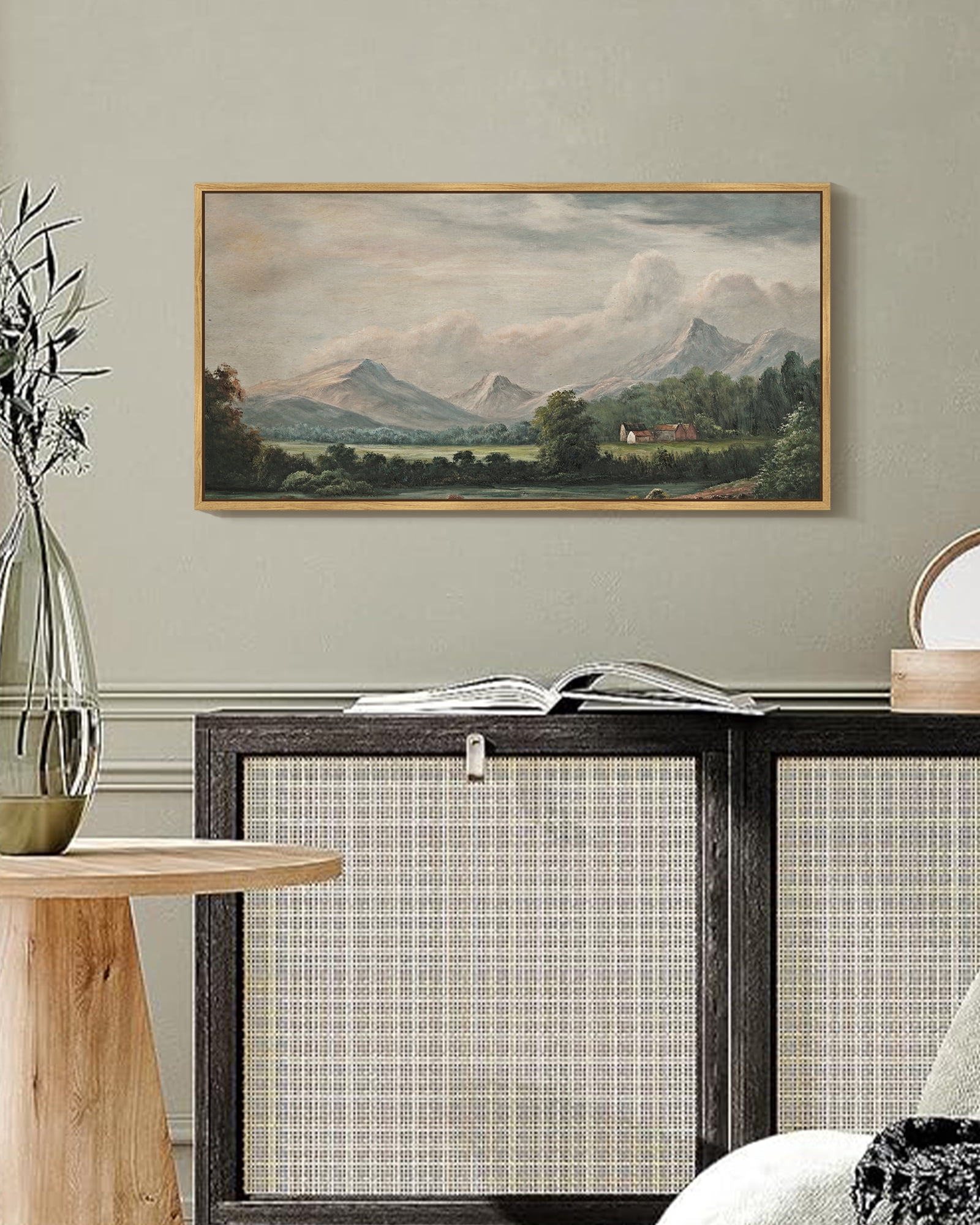 Drsoum Vintage Wall Art Country Village Landscape Painting Retro Mountain Meadow Scenery Farmhouse Kitchen Living Room Decor 8x16in Natural Framed