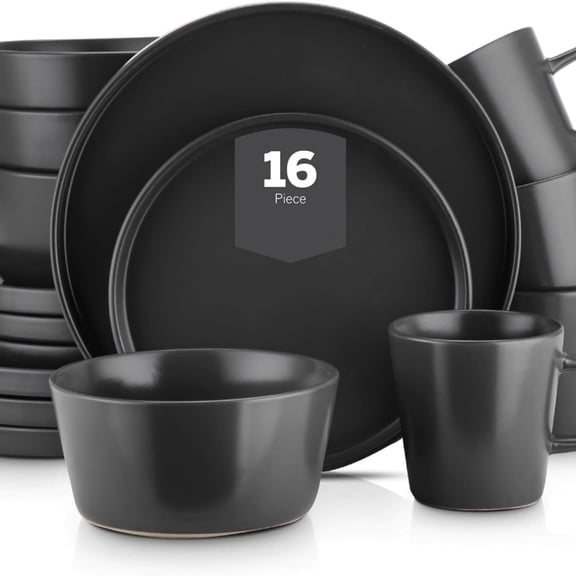 Stoneware 16 Piece Dinnerware Set, Plates and Bowls, Black Matte Dish, Service for 4 – Minimalist Round Style, Microwave & Dishwasher