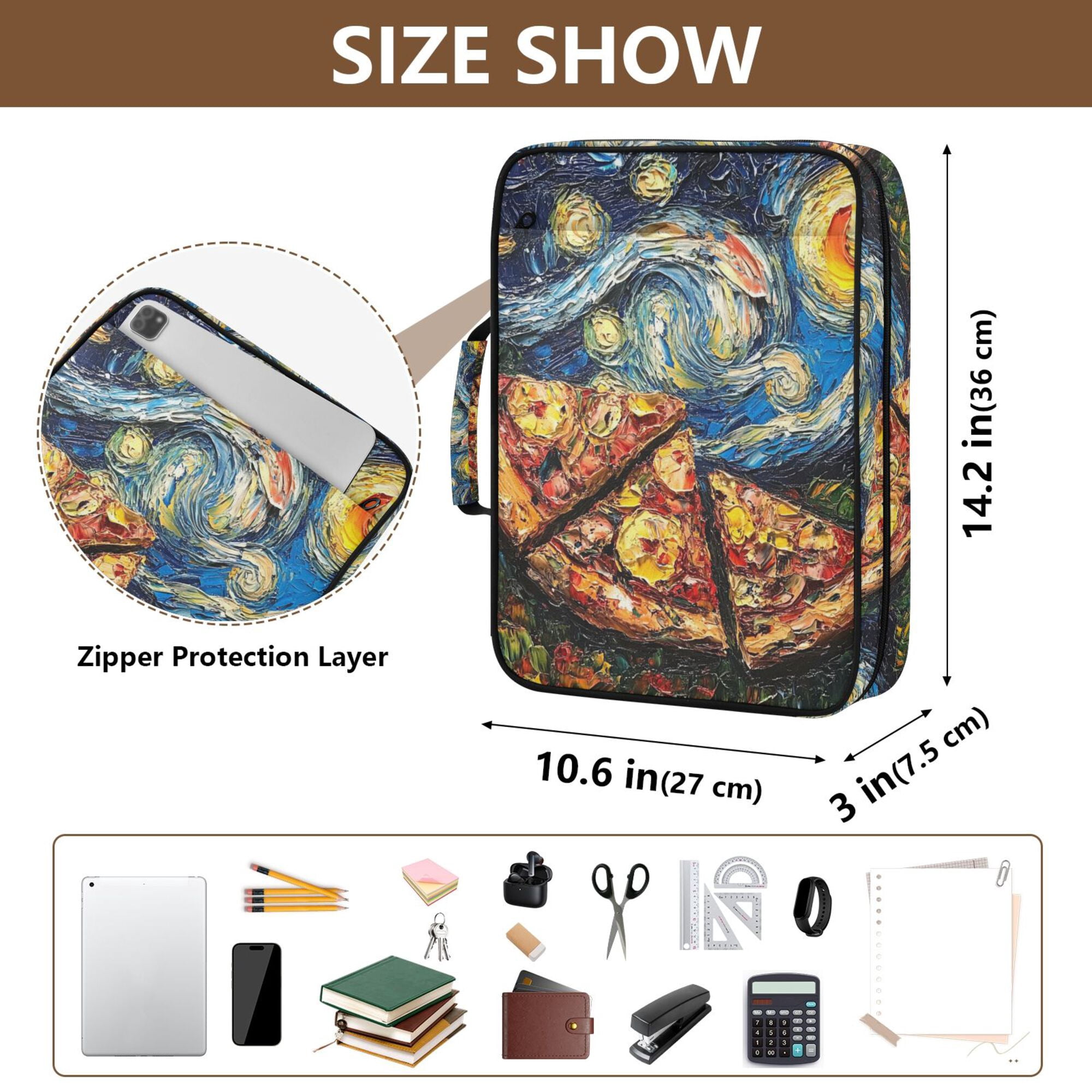 FORMRS Accordion File Folder A4 Size 7-Pocket Expanding Document Organizer Bag with 3 Ring Binder, Starry Pizza