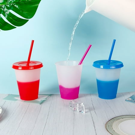 

Naierhg 473ml Water Cup Lidded Color Changing Plastic Daily Use Straw Juice Cup Kitchen Supplies