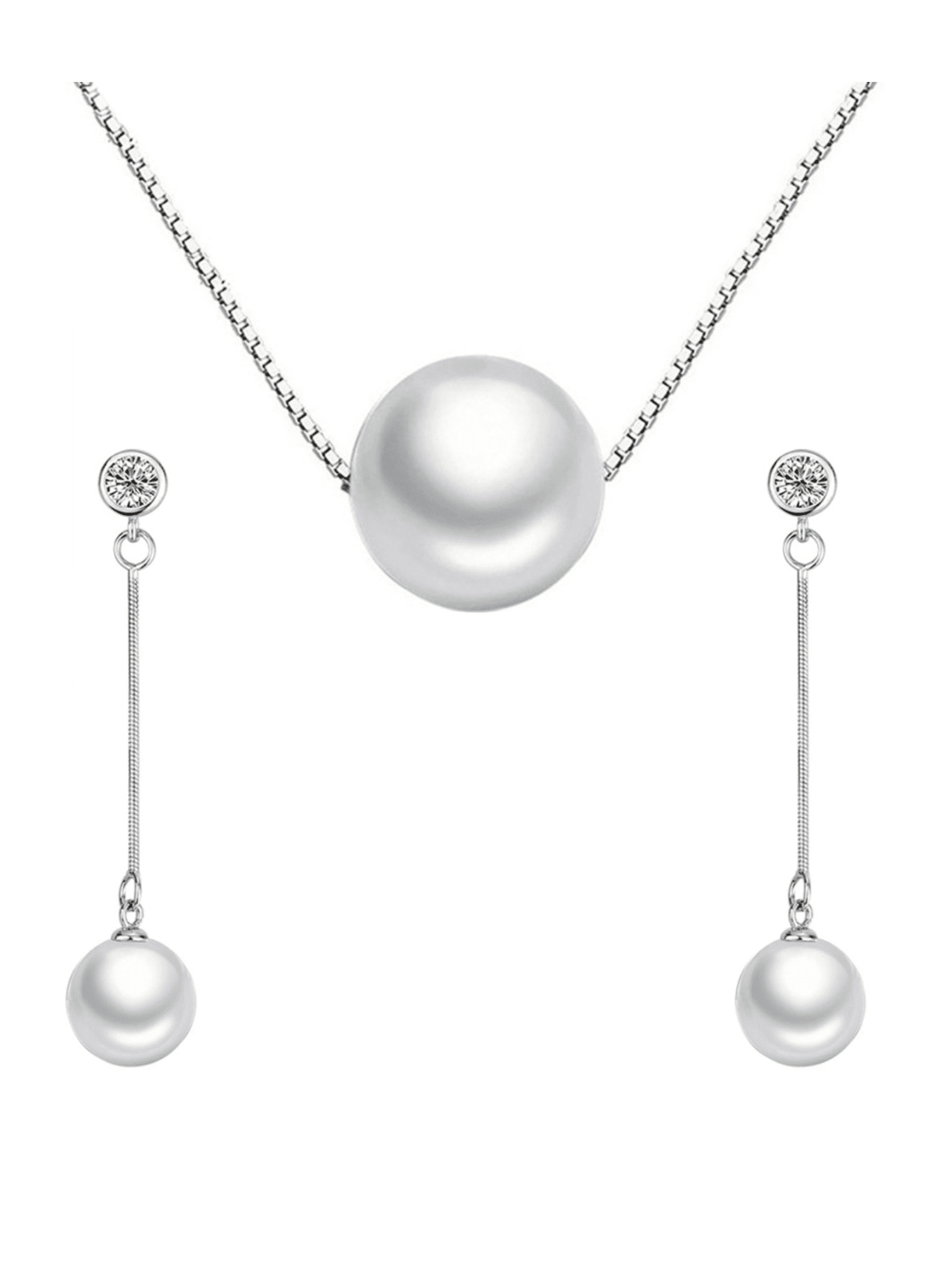 Bridal Jewelry Set Freshwater Pearl w/Rhinestones Necklace & Earrings Silver 