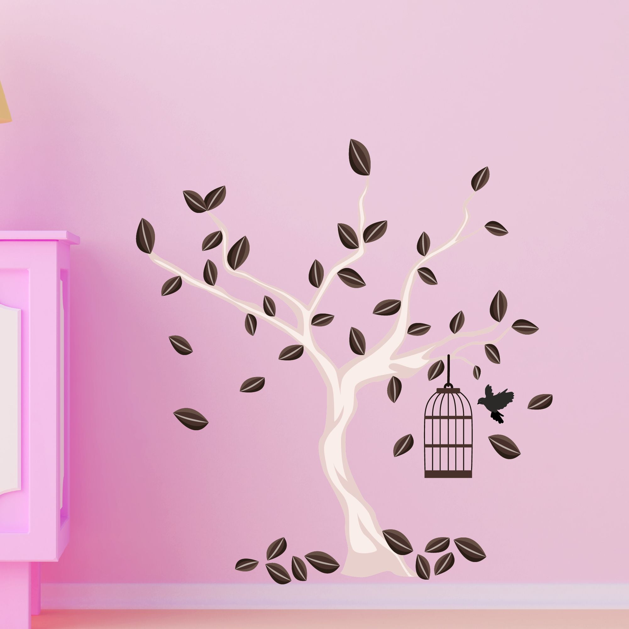 Outdoor Scenes Wall Decal Bird Cage Hanging on a Leafy Tree Bedroom