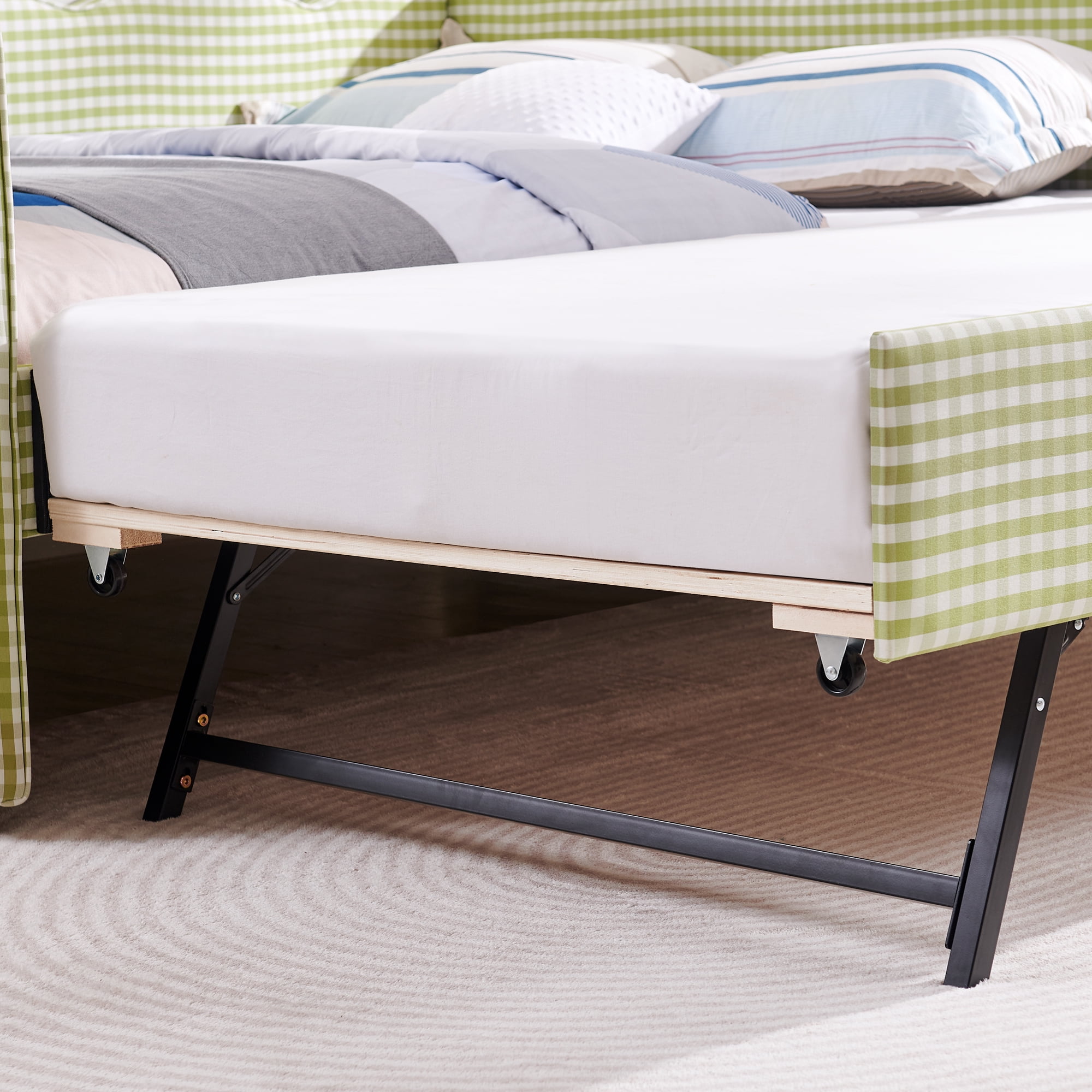Full Size Daybed with Trundle and USB Port Upholstered Sofa Bed Gingham Linen Kids Guest Bed Frame, No Box Spring Needed, Green