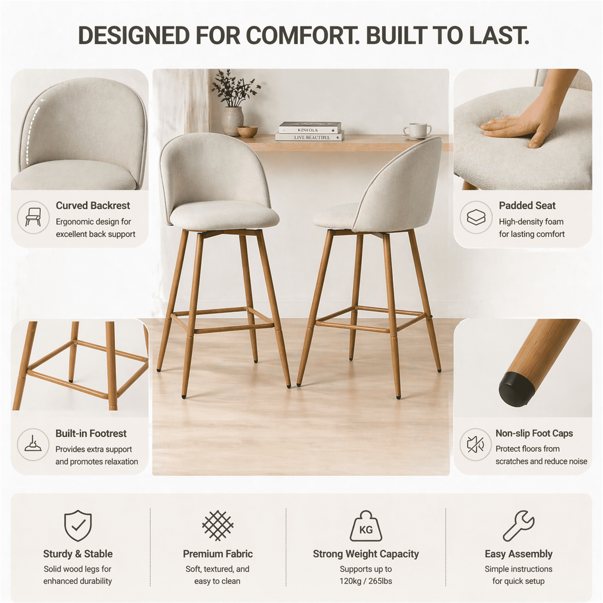 Homy Casa Bar Stools Set of 4, 26.8" Swivel Counter Height Stools with Padded Seats, Beige
