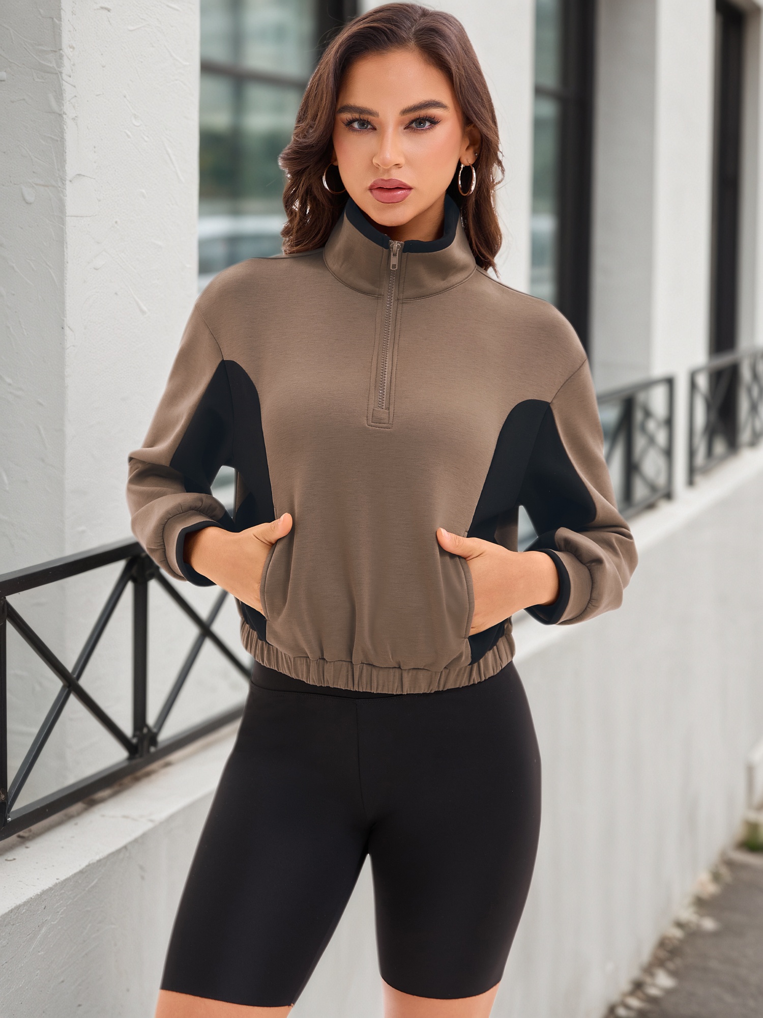 DARING DIVA Women's Quarter Zip Pullover Cropped Sweatshirt XL Brown Black