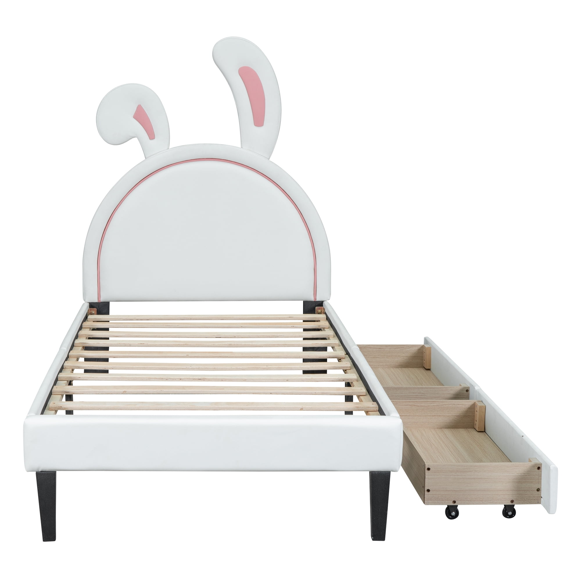 Leumius Twin Size Upholstered Platform Bed with 4 Drawers & Rabbit Ornament Headboard,PU Leather Bed Frame for Boys and Girls,White