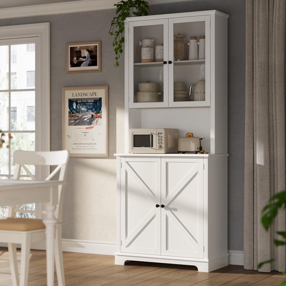 Kitchen Hutch Cabinet – 76.2" Tall, Charging Station | Glass Doors With LED Lighting, 41" Wide, Open Shelf & Double Lower Doors