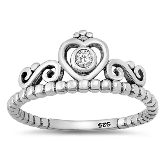 Heart Crown Tiara White Cubic Zirconia Promise Ring .925 Sterling Silver Band Jewelry Female Size 10