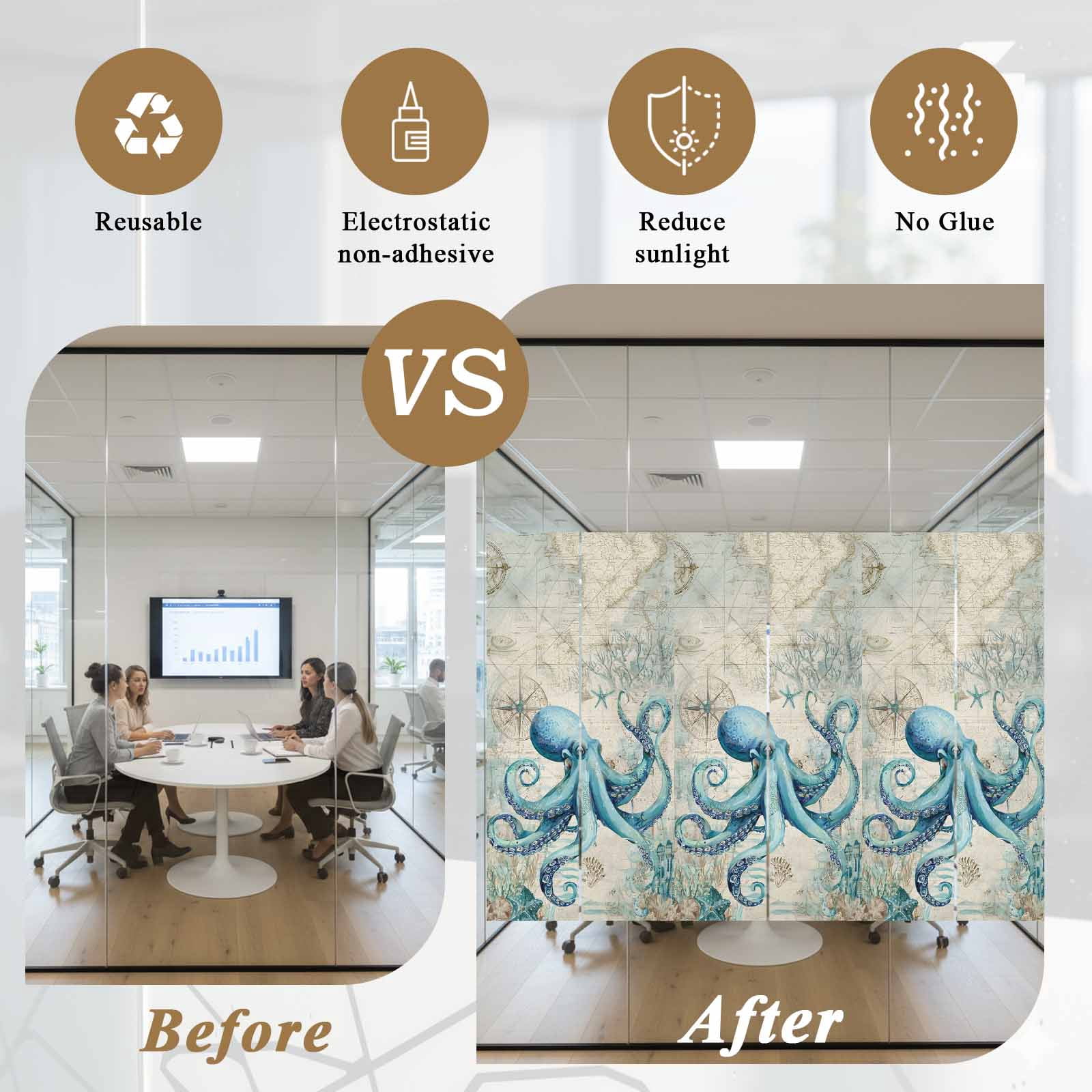 Summer Nautical Window Privacy Film, Teal Octopus Ocean Corals Compass Retro Brown Frosted Glass Window Clings Static Cling UV Heat Blocking Reusable Door Sticker for Bathroom 23.6 x 59 Inch