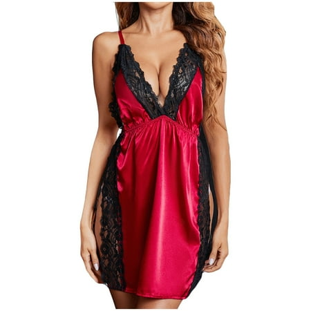

BIZIZA Womens Nightdress Nightgown Babydoll Lace Sexy Lingerie Full Slip Outfits Chemise Deep Red XXL