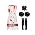 thumbnail image 4 of Oyolan Girls Zombie Cheer Leader Fancy Dress 4 Piece Set Sleeveless Bloody Dress Pompoms White Black 160cm, 4 of 5