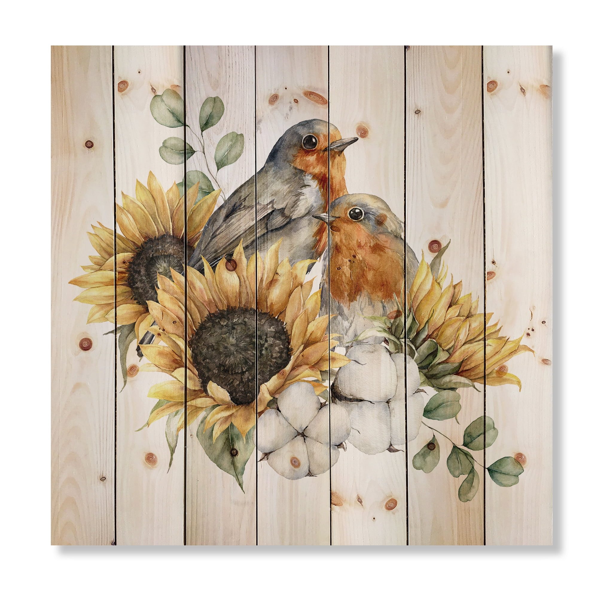 Designart 'Autumn Bouquet With Robin Redbreasts Sunflowers Cotton' Traditional Print on Natural Pine Wood