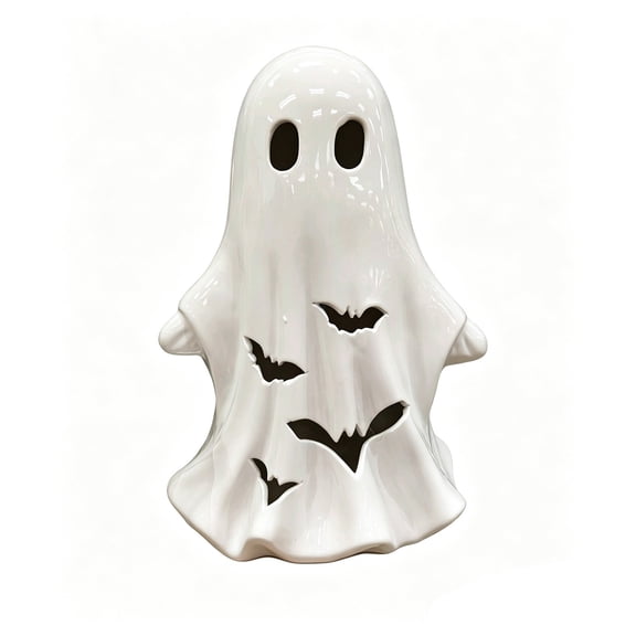 Bklubk Ceramic White Ghost Halloween Decor Light Up Ghost Figurine With Cutouts Spooky Tabletop Ornament For Mantel Shelf Indoor Holiday Decoration