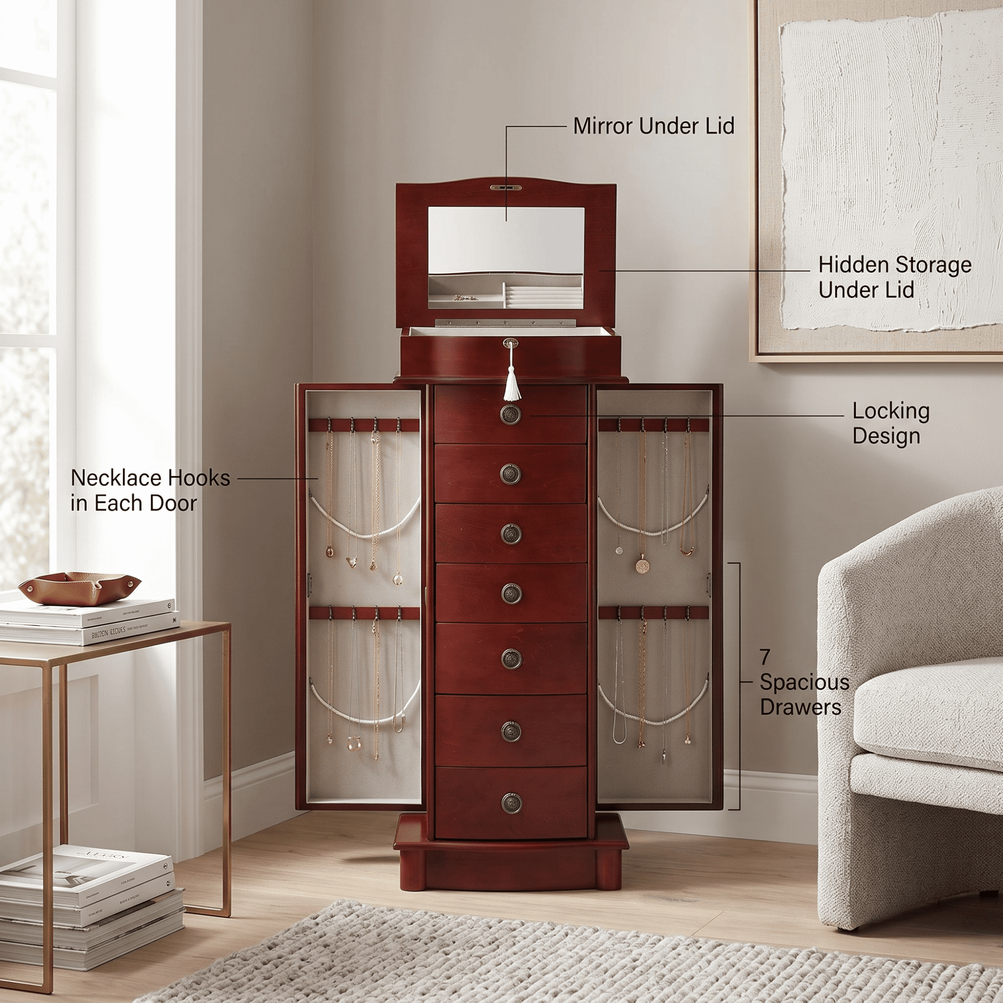 Hives and Honey Nora Traditional Jewelry Armoire with Locking Compartment and Ample Storage, Cherry