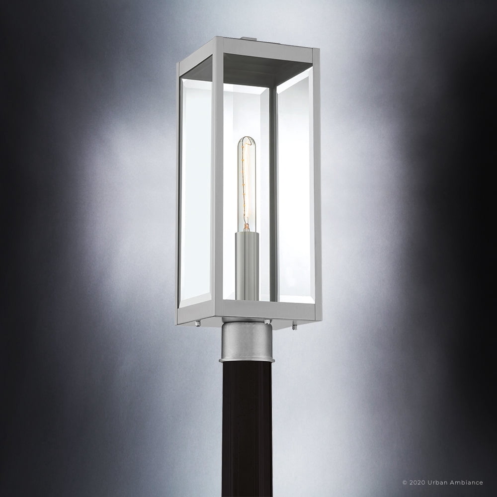 Luxury Modern Farmhouse Outdoor Post Light, 20.50''H x 7.00''W, with Industrial Style Elements, Minimalist Design, Stainless Steel Finish and Clear Beveled Glass, UQL1363