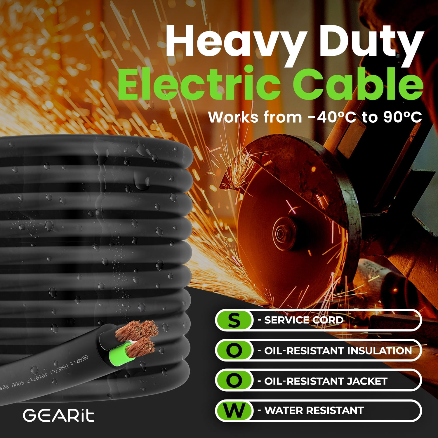 GearIT 6/3 6 AWG Portable Power Cable (25 Feet - 3 Conductor) SOOW 600V 6 Gauge Electric Wire for Motor Leads, Portable lights, Battery Chargers, Stage Lights and Machinery -25ft Electrical Cord