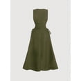 thumbnail image 3 of Army Green Solid Ruched Side Tie Sleeveless A-Line Dress For Women, 3 of 5